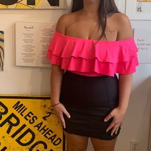 Hot Pink Off the Shoulder Ruffled Bodysuit